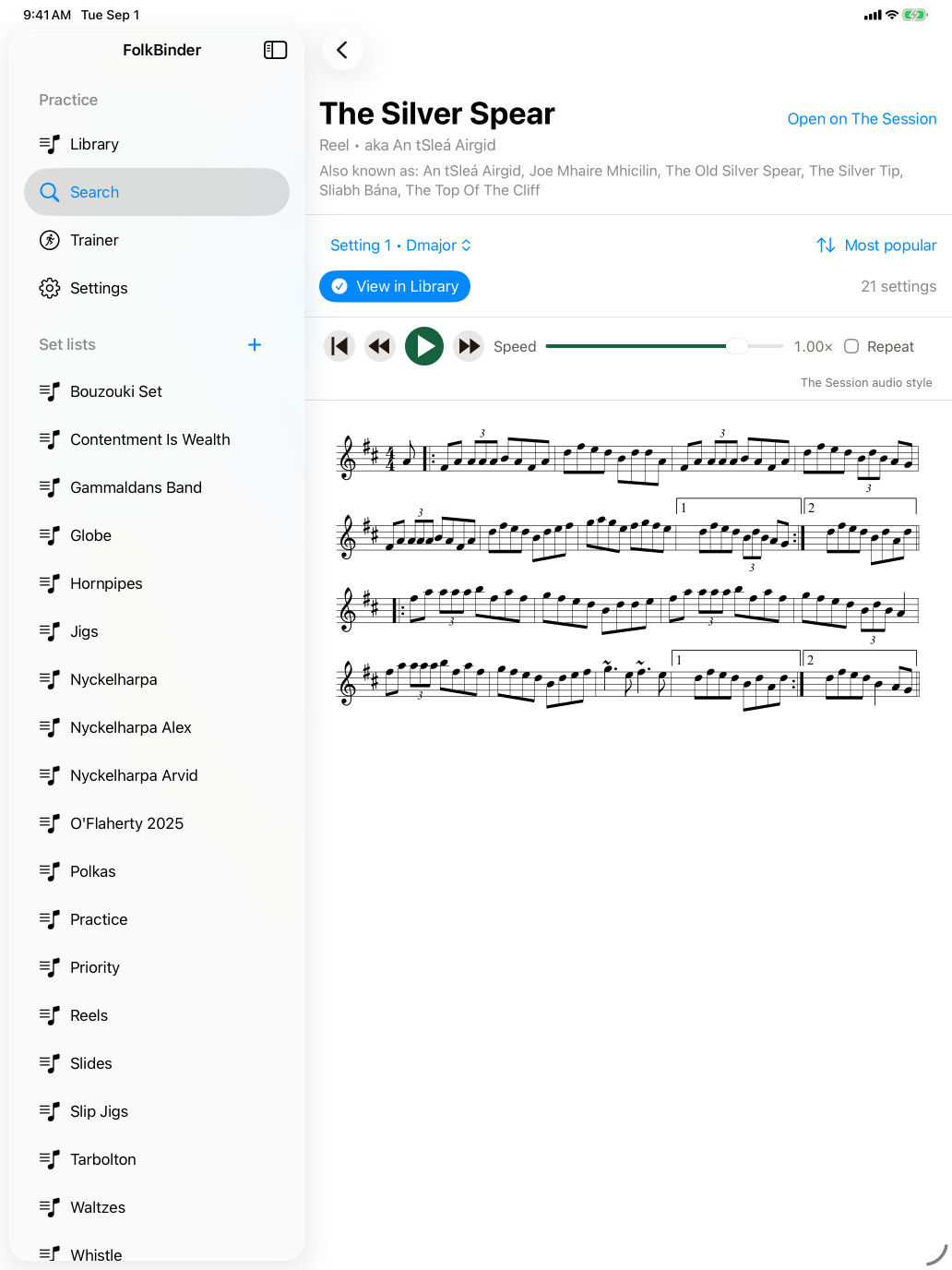 An online tune preview in FolkBinder on iPad