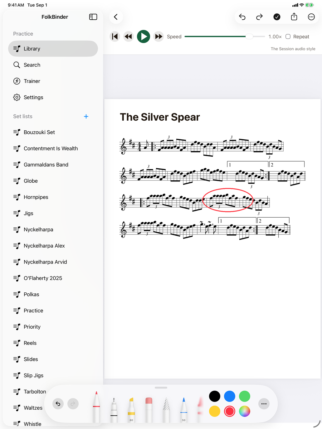 The Silver Spear score with a phrase circled in FolkBinder on iPad