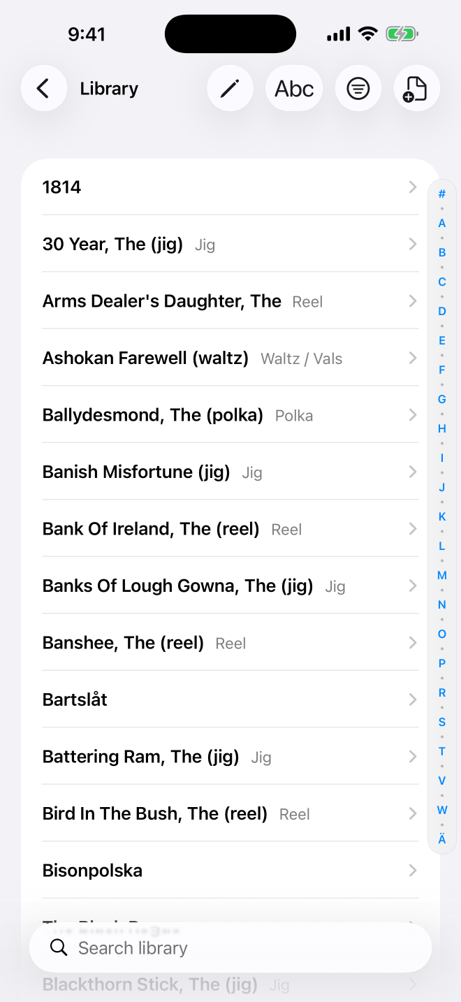 A populated tune library in FolkBinder on iPhone