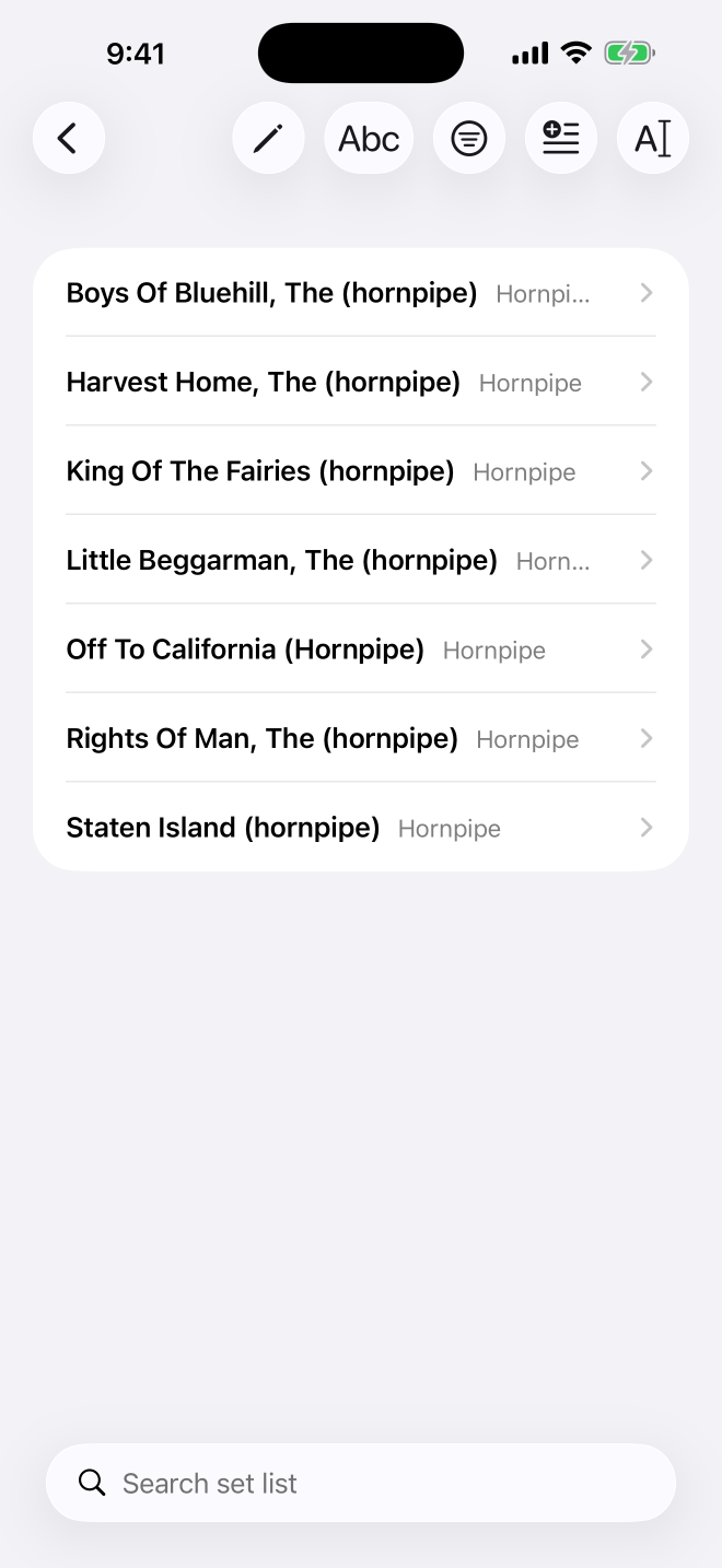 A seven-tune set list in FolkBinder on iPhone