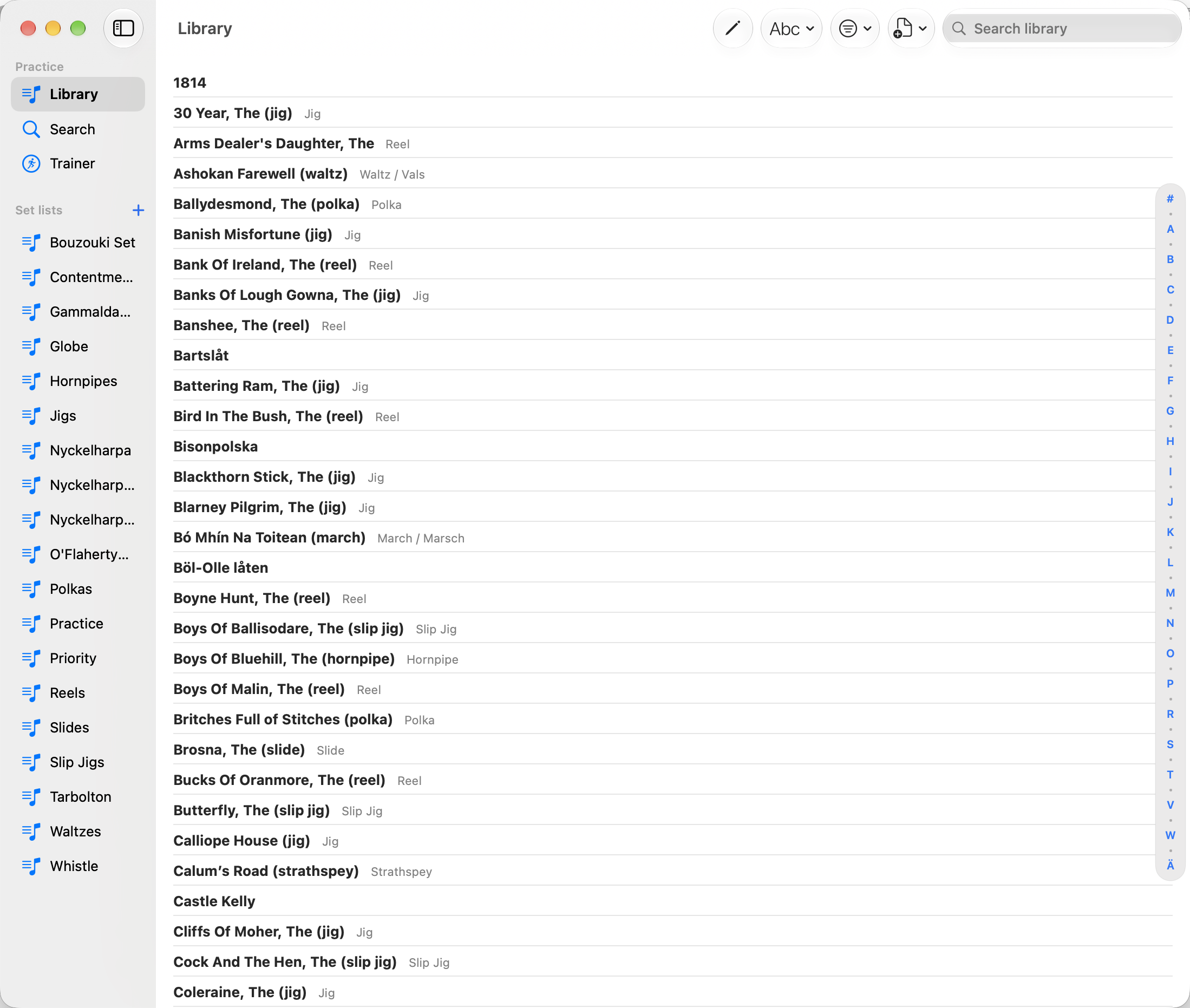 Populated FolkBinder Library on Mac with the set list sidebar