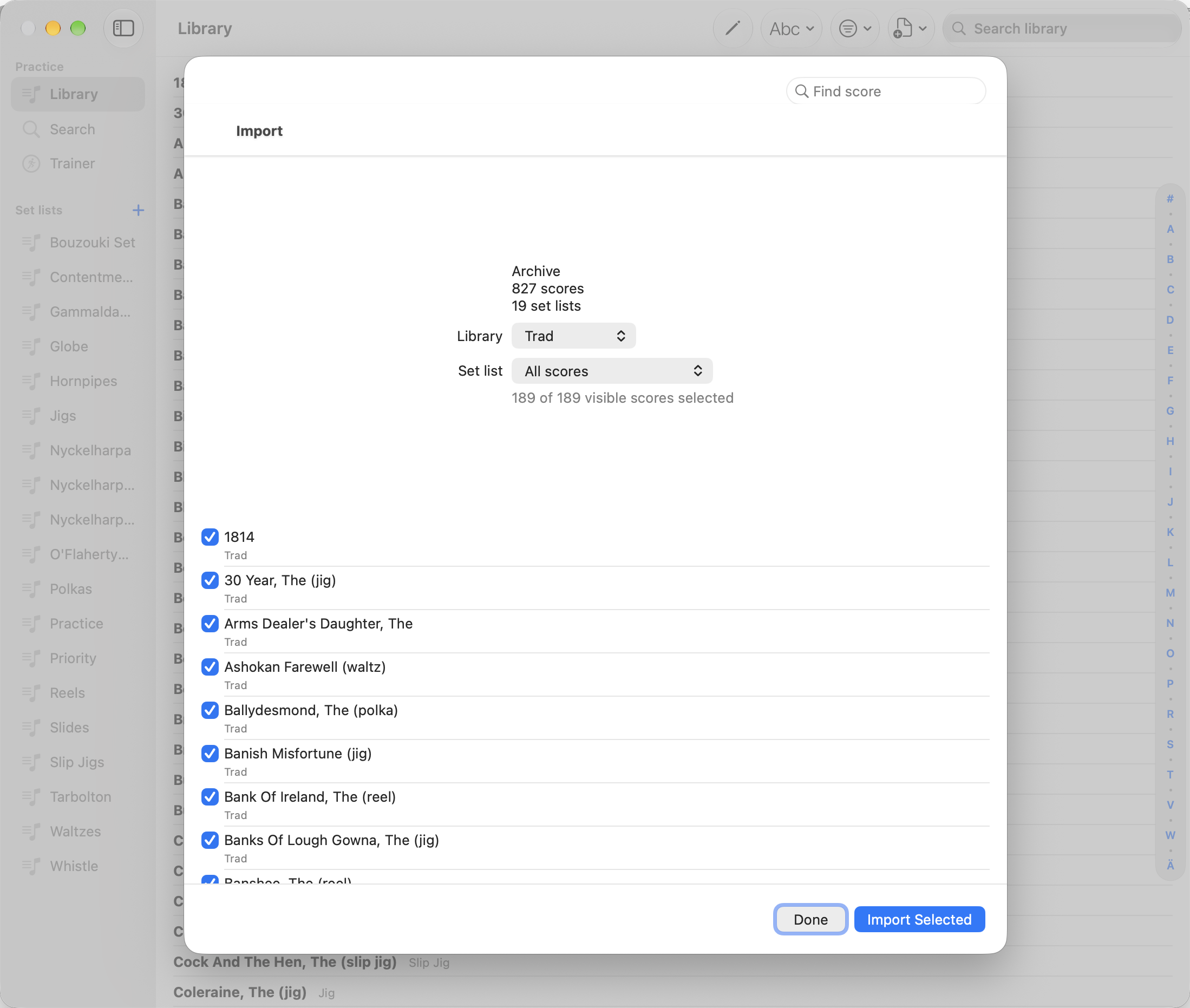 forScore archive filtered to the Trad library on Mac