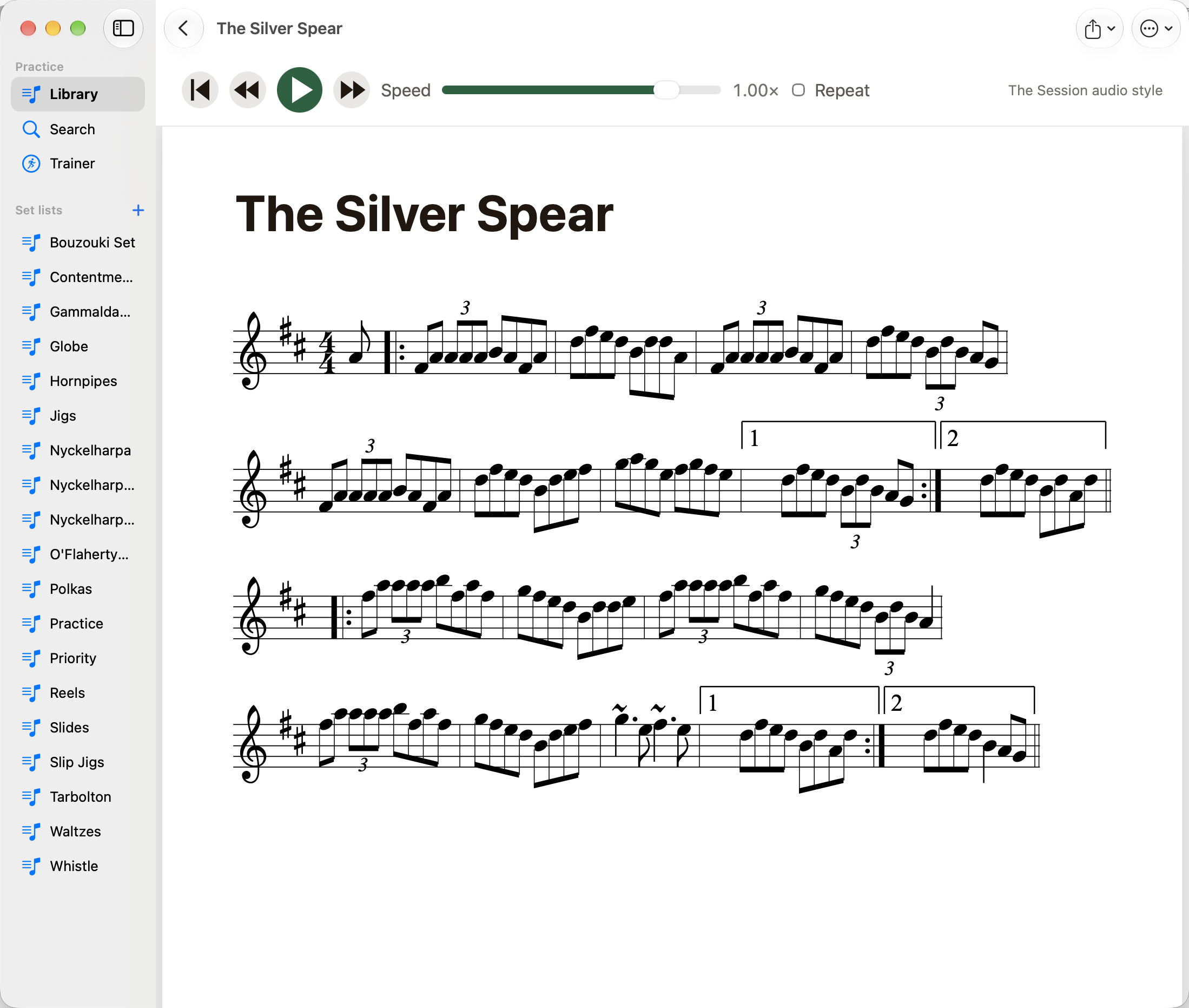 The Silver Spear score with playback controls on Mac